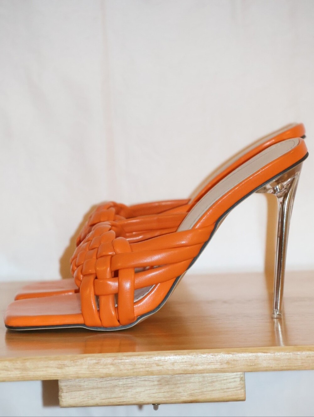 Orange Braided Woven Slide Sandal High Heels.